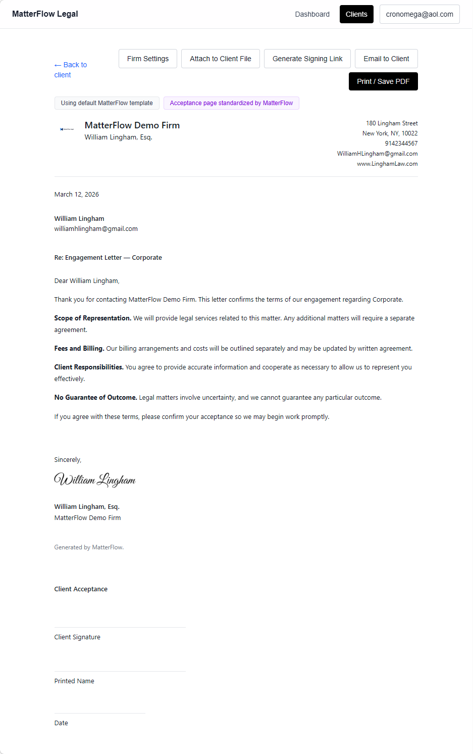 MatterFlow Legal engagement letter page